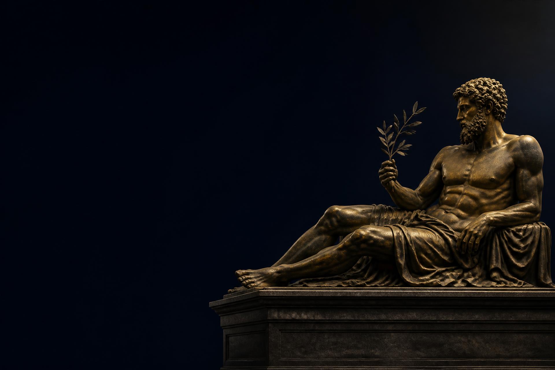 Escultura griega reclinada en bronce sosteniendo una rama de olivo