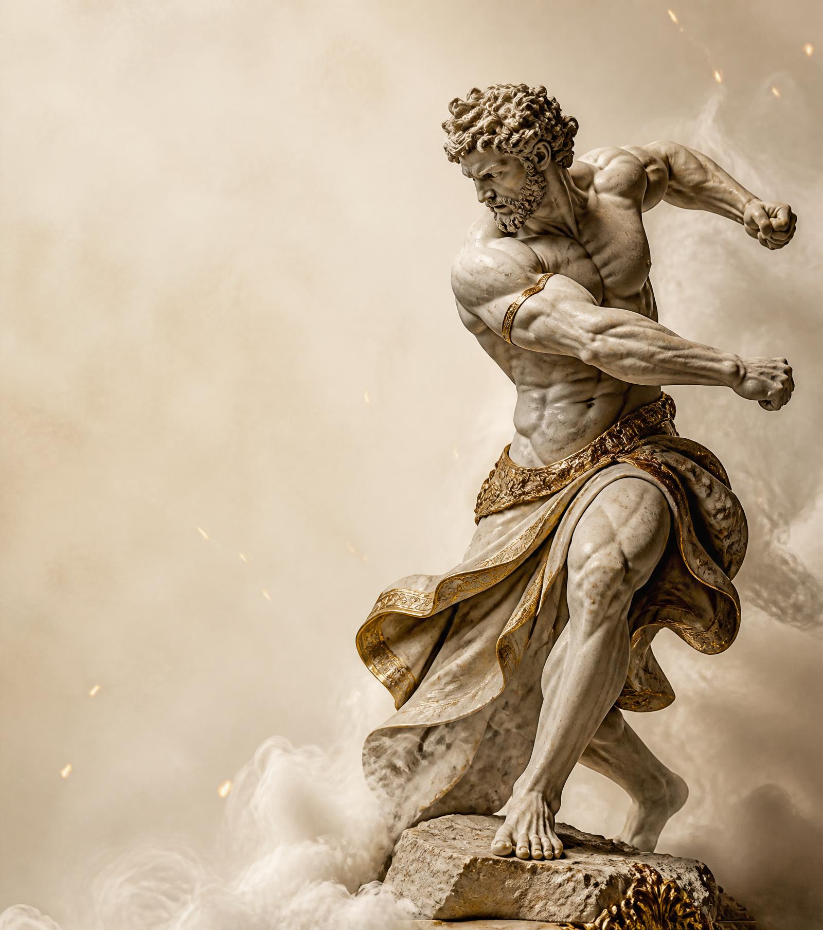 Escultura heroica en tensión dinámica entre humo y destellos dorados