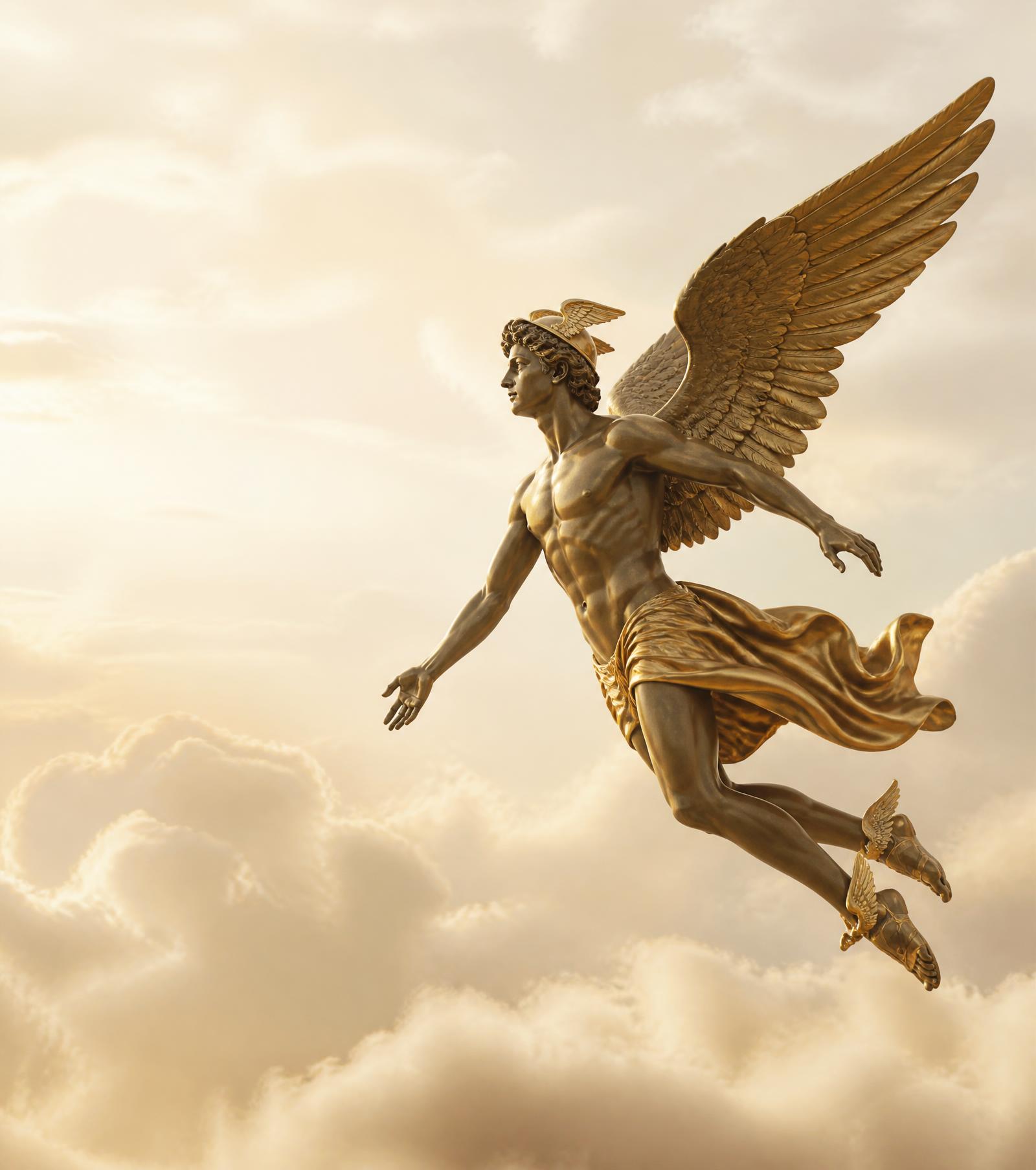 Escultura alada en bronce volando serenamente entre nubes doradas